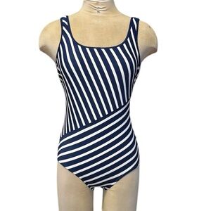 Lands End Swimsuit Navy White Striped One Piece 4